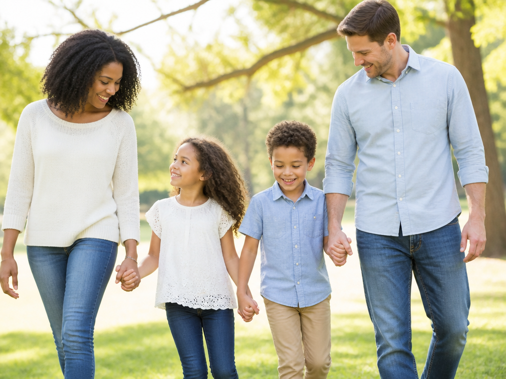 Happy biracial family walking together in a sunny park